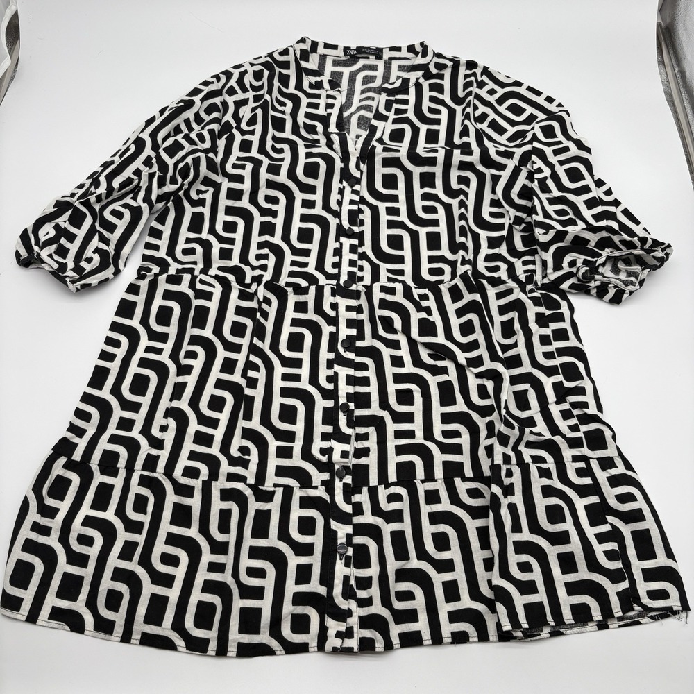 Zara Black and White Geometric Print Mini Dress Size Med No Belt